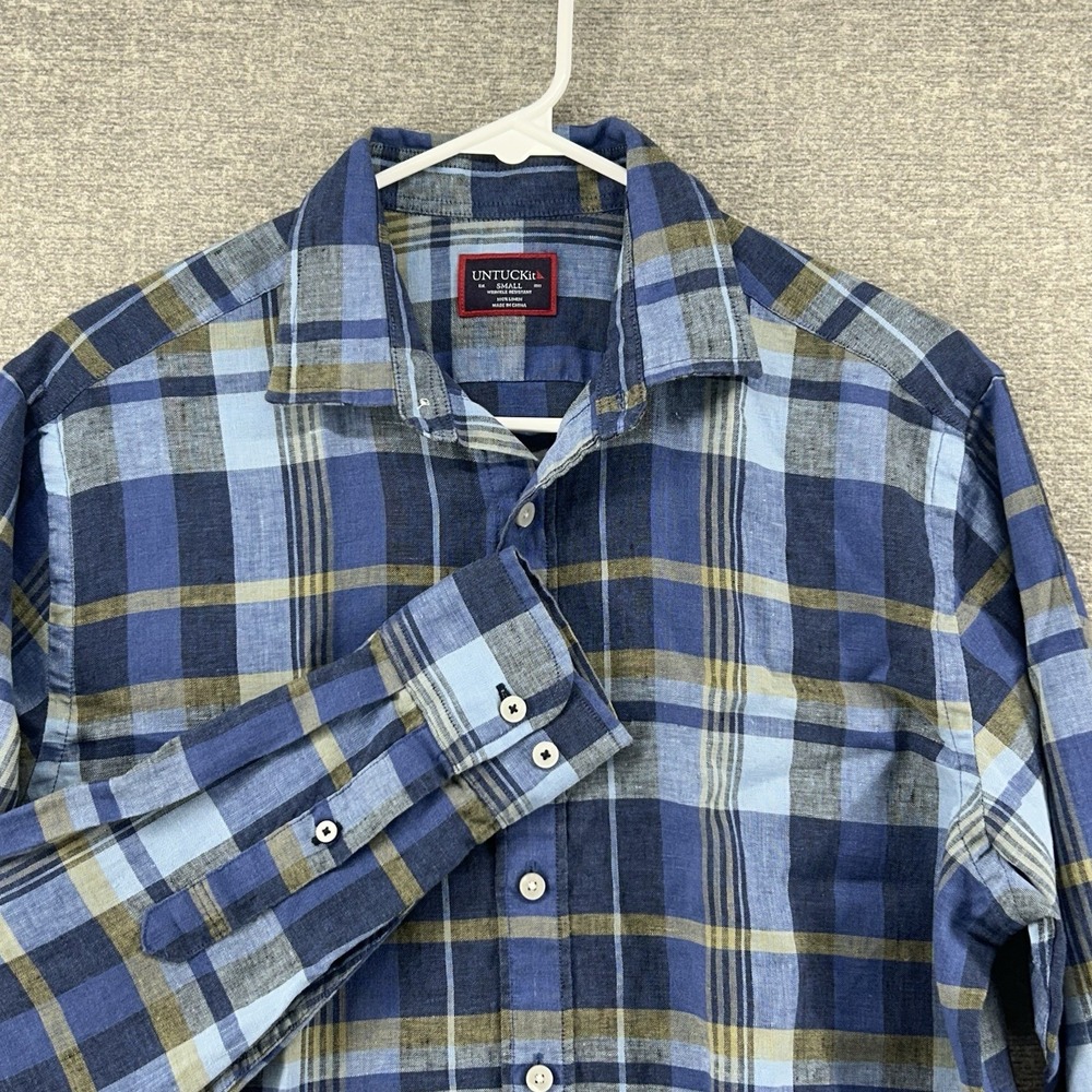 UNTUCKit Tribuno WR Shirt Men Size Small‎ Blue Plaid Long Sleeve Linen